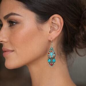 Vintage Turquoise & Sterling Silver Boho Earrings Tibetan Festival Southwestern